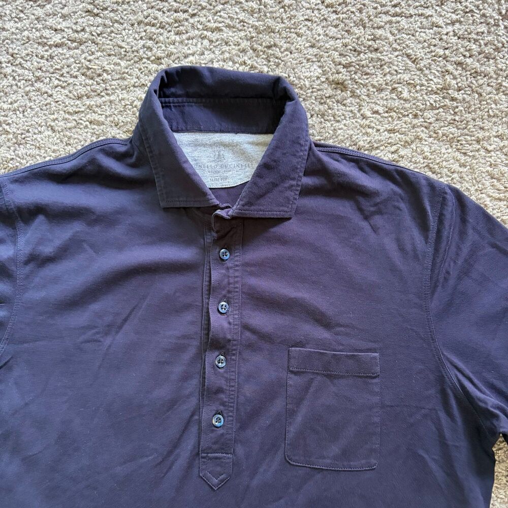 Brunello Cucinelli Luxury Polo Shirt Navy Blue Pocket Mens Large Cotton - Picture 2 of 6